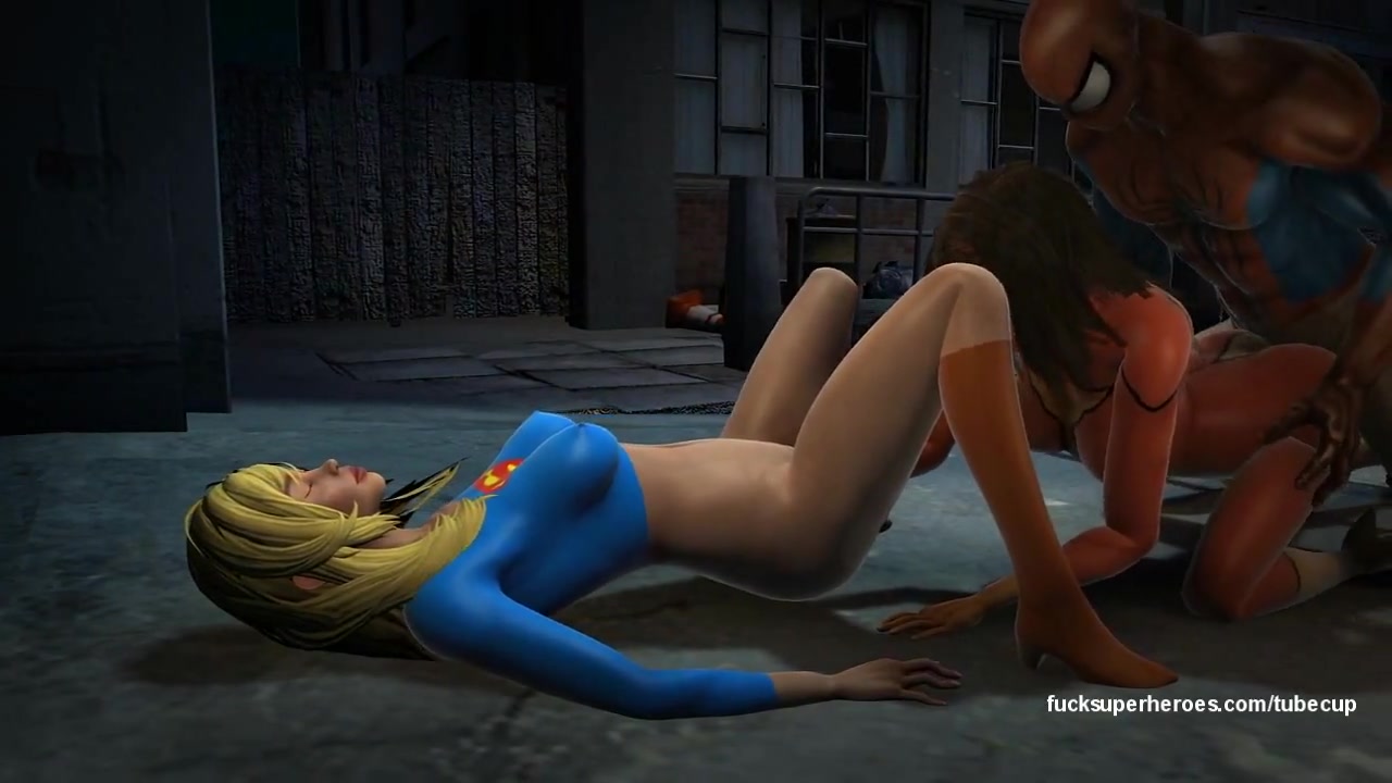 Spider-Woman, Spiderman and Supergirl in hardcore 3some fuck